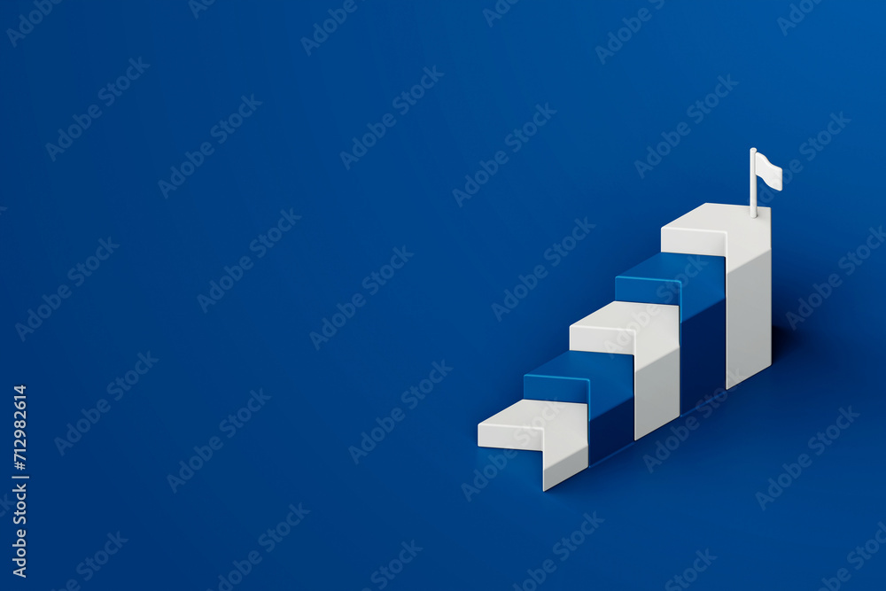 Blue white step stair with white target flag on blue background, business way concept, minimal style, 3d rendering
