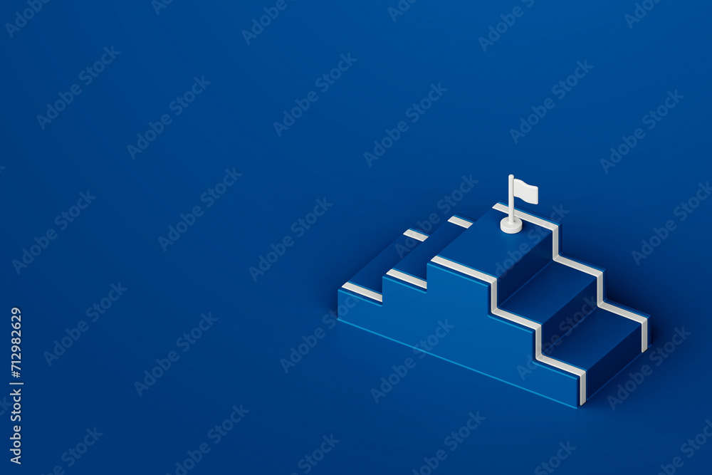 Blue step stair with white target flag on blue background, business way concept, minimal style, 3d rendering
