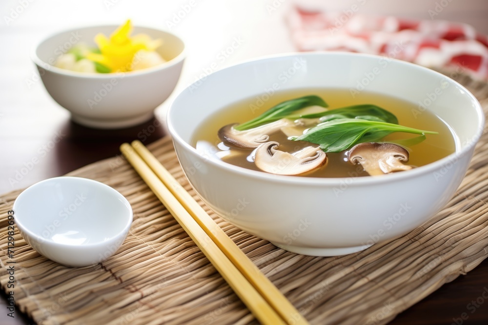 asian style detox soup with mushrooms and bok choy, bamboo mat asian style detox soup with mushrooms and bok choy, bamboo mat