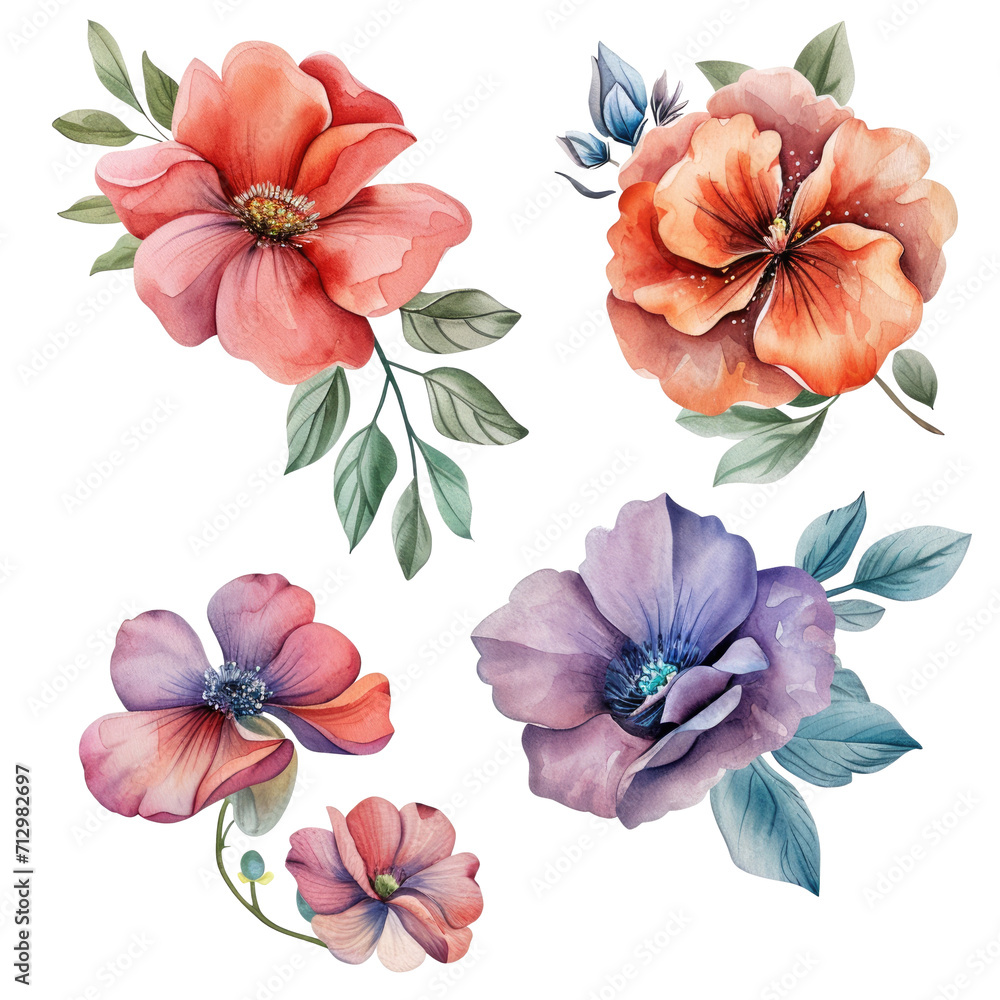Set of watercolor flowers isolated on a transparent background, png