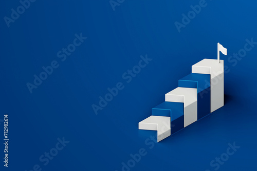 Obraz na płótnie Blue white step stair with white target flag on blue background, business way concept, minimal style, 3d rendering w salonie