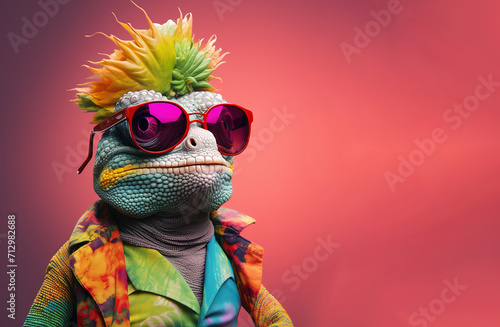A chilled out chameleon wearing shades enjoing hemp