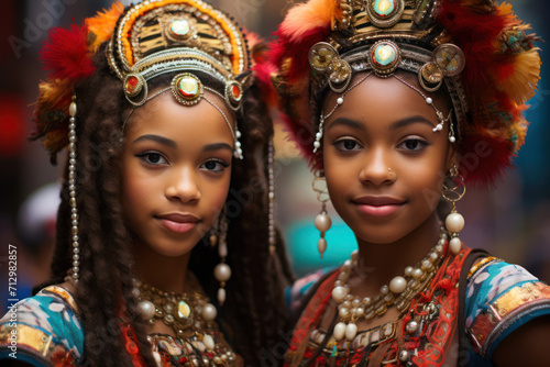 Photograph of female twins, 15 years old, Brazilian, in colorful carnival costumes at a festival
