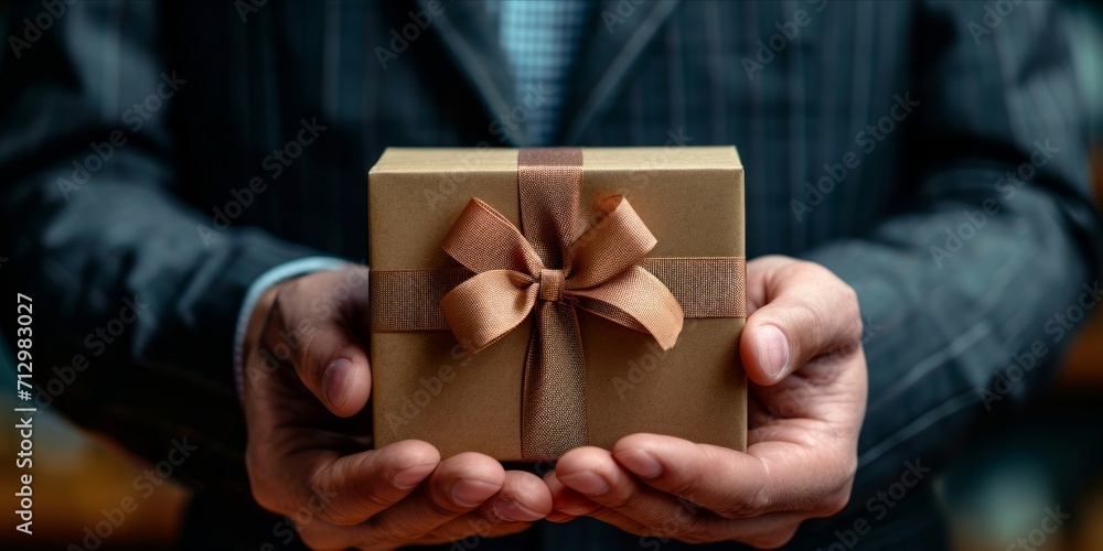 Man in a suit holding a gift box with a ribbon.