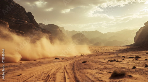The wind raises the dust in Wadi Rum, Sahara or Arabian desert. Ai Generative