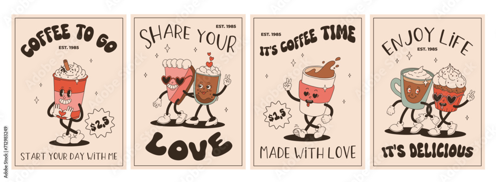 Valentine's Day set of vintage characters. Happy and cheerful retro. Old animation 50s, 60s 70s, groovy cartoon characters of coffee and sweets, donut, cupcake, espresso, latte, cocoa, cake. present.