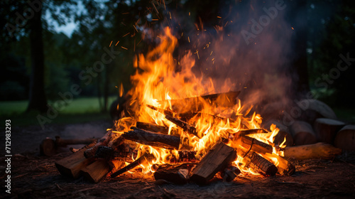 Smoke rises from logs and fire burns