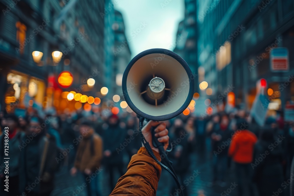A person holding a megaphone at a protest with a crowd in the background. - obrazy, fototapety, plakaty 