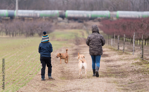 Woman and child with dogs walking in nature