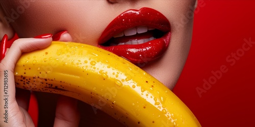 Close up of red lips with red nail polish holding a banana on a red background.