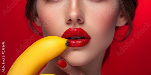 Close up of red lips with red nail polish holding a banana on a red background.
