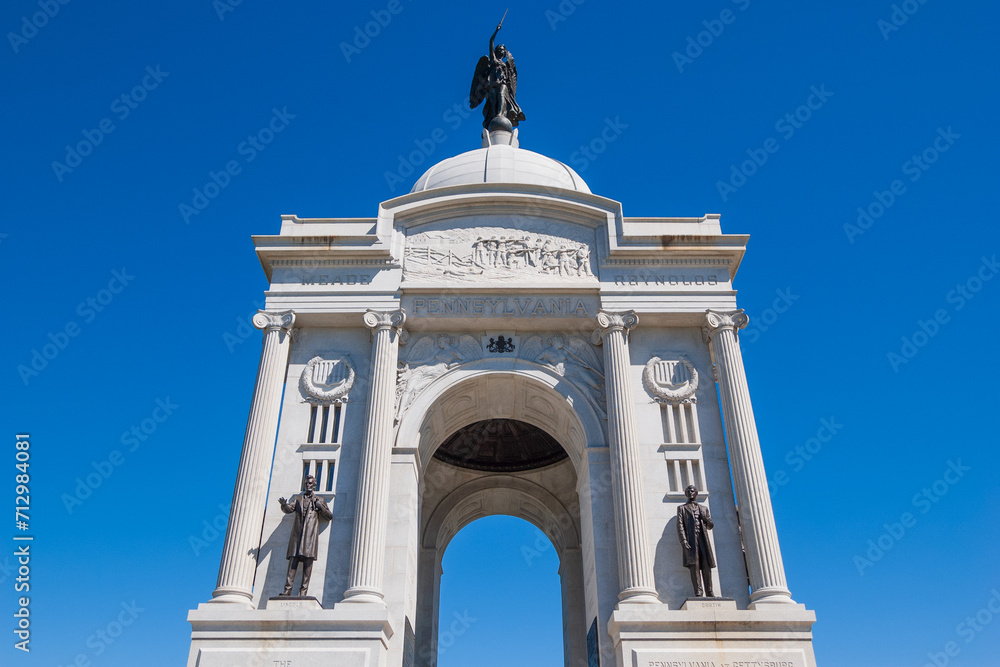 Obraz premium Monument at Gettysburg National Military Park, American Civil War Battlefield, in Gettysburg, Pennsylvania