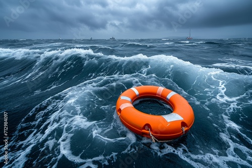 Lifebuoy floating in open sea with waves, lifeboats in the distance under an overcast sky.