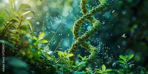 DNA double helix structure intertwined with various green plants and flying insects.