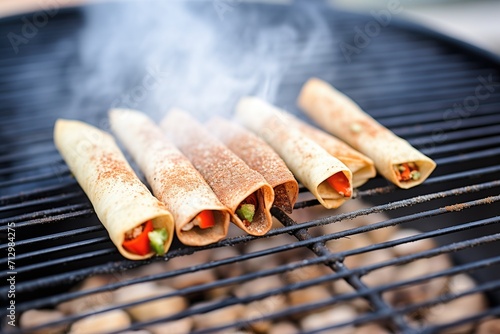 flautas on a grill mesh with char marks photo