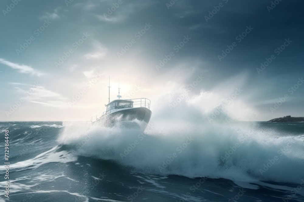Boat floating on big ocean waves. Stormy dangerous sea marine expedition ship. Generate ai