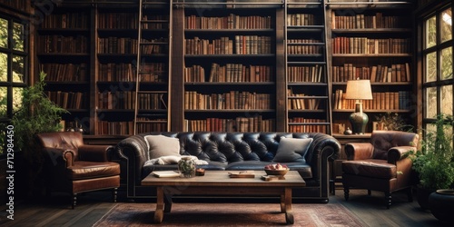 Book-filled library with cozy seating. photo