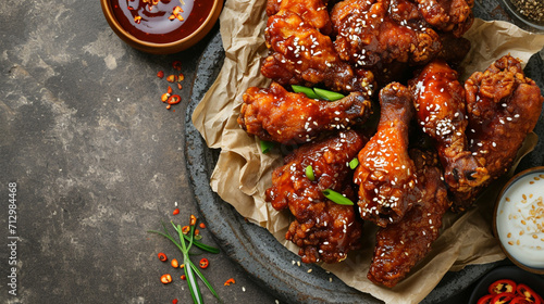 Top view yangnyeom tongdak Korean spicy deep-fried chicken. Ai Generative