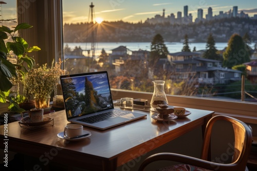 Home office setup with a view of the city skyline, where remote work meets the urban environment, Generative AI