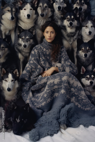 Pretty young woman embracing her adorable Husky and playful Pomeranian in a white summer dress, enjoying the love and friendship of her two cute canine companions in a scenic park.