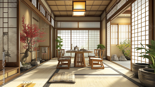 Traditional Japanese style living room mixed with modern design. Ai Generative photo