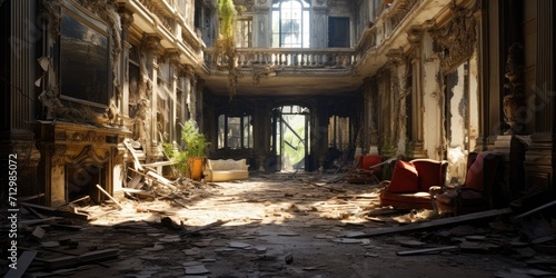 Historical mansion in ruins, interior view.