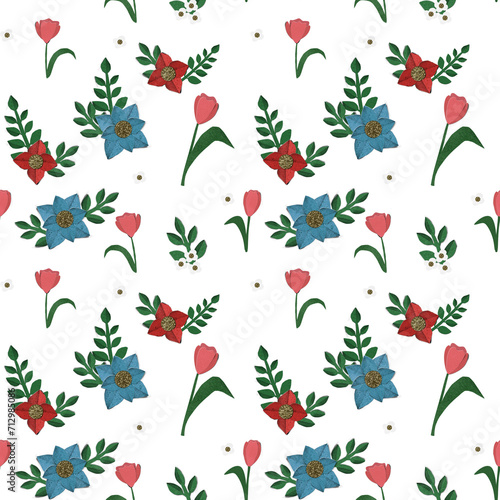 Seamless Floral Pattern With Red and Blue Flowers on a transparent Background. Png 3000 3000px