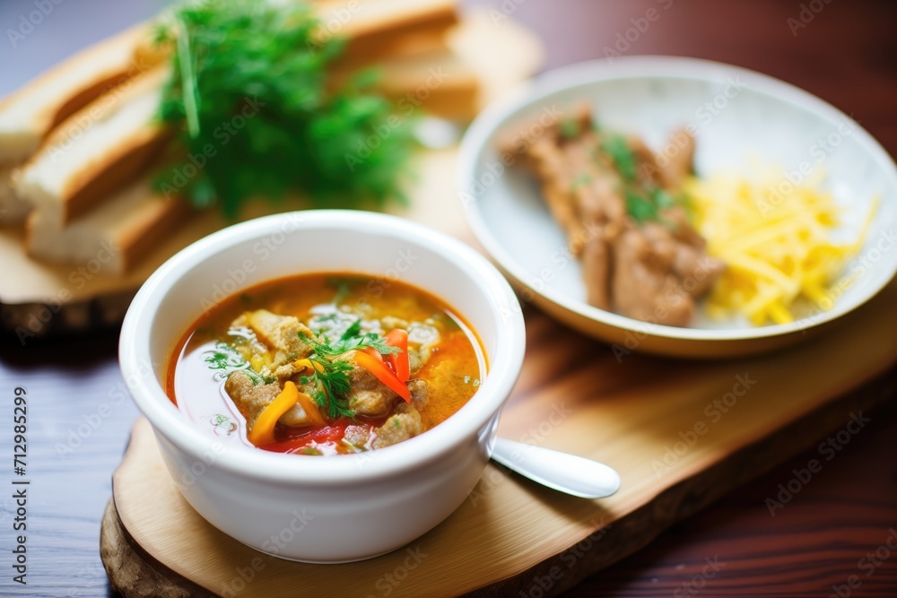 goulash soup with a crispy garlic baguette slice on the side