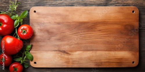 Empty vintage cutting board on table, illustrating food concept.