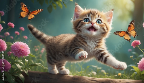 Playful kitten catching butterflies on the field. AI generated photo