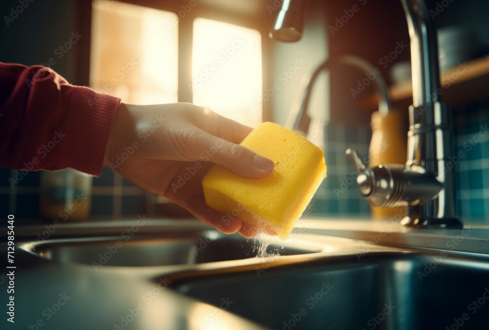 Hand wiping kitchen sink with sponge. Household cleaning maintenance culinary space. Generate ai
