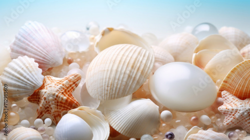 Close-up of various seashells and pearls gently lit, evoking a calm beachside mood.