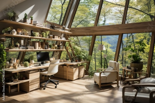 Home office with natural light and greenery  creating an inspiring and sustainable workspace for hybrid work  Generative AI