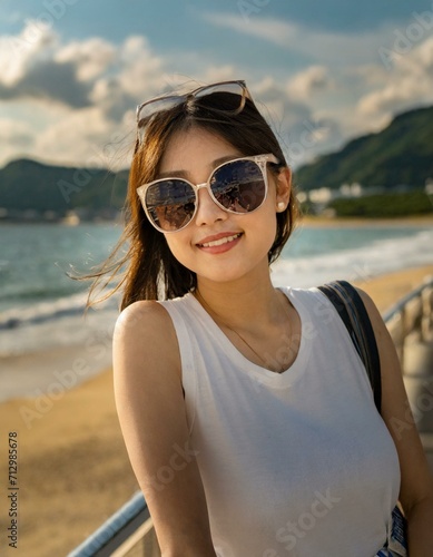 海にいるサングラスをかけた女性