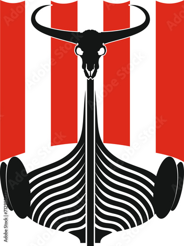 Norse Viking ship Drakkar with mythical character in front facing the viewer