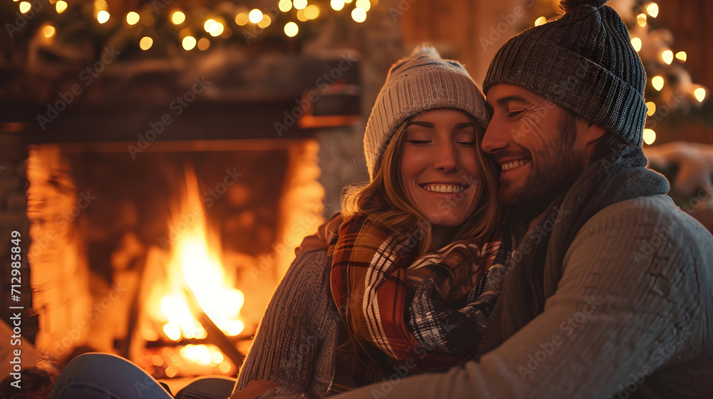 A man and a woman sit and warm themselves by the fireplace