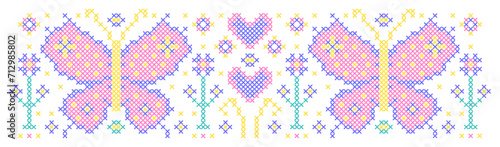 Pattern with butterflies, hearts and flowers in cross stitch style on white background.