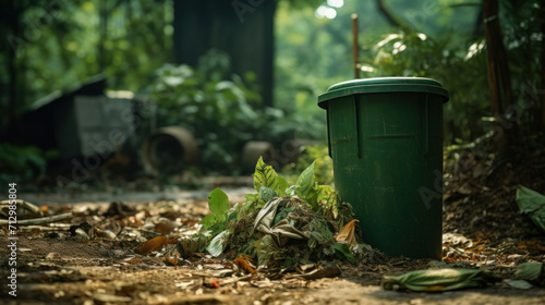 A green waste bin filled with organic waste sits on a forest floor, promoting environmental cleanliness.