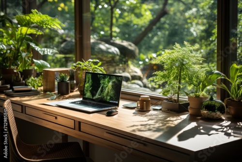 Home office with natural light and greenery, creating an inspiring and sustainable workspace for hybrid work, Generative AI photo