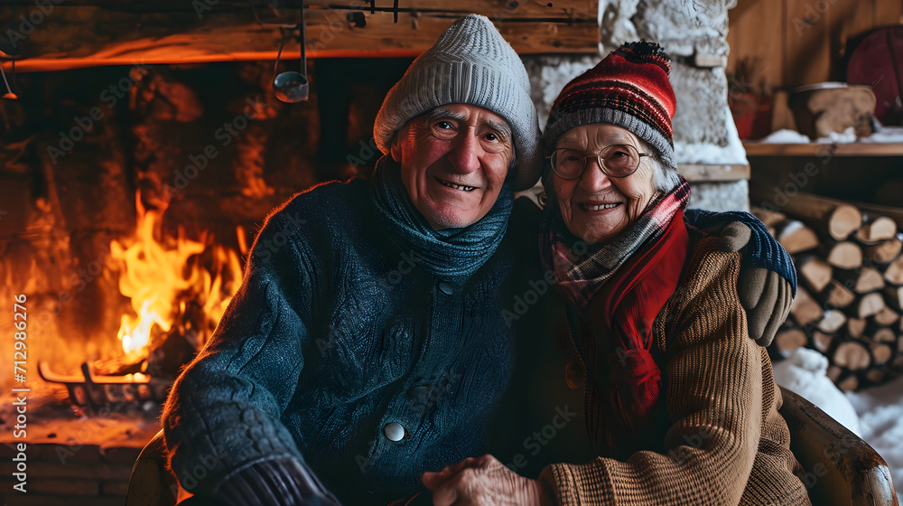 An elderly couple sits by the fireplace with a fire and warms themselves from the cold