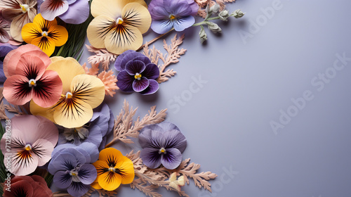 Multicolored violas on a blue background