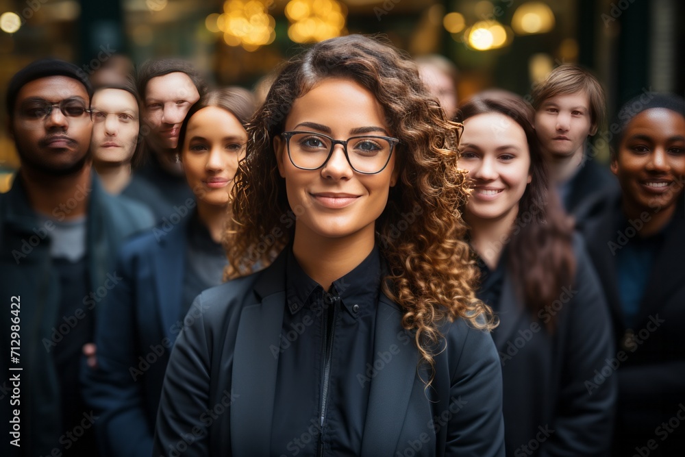 Fototapeta premium Manager conducting a team huddle, with half of the team present in the office and the rest joining virtually, Generative AI