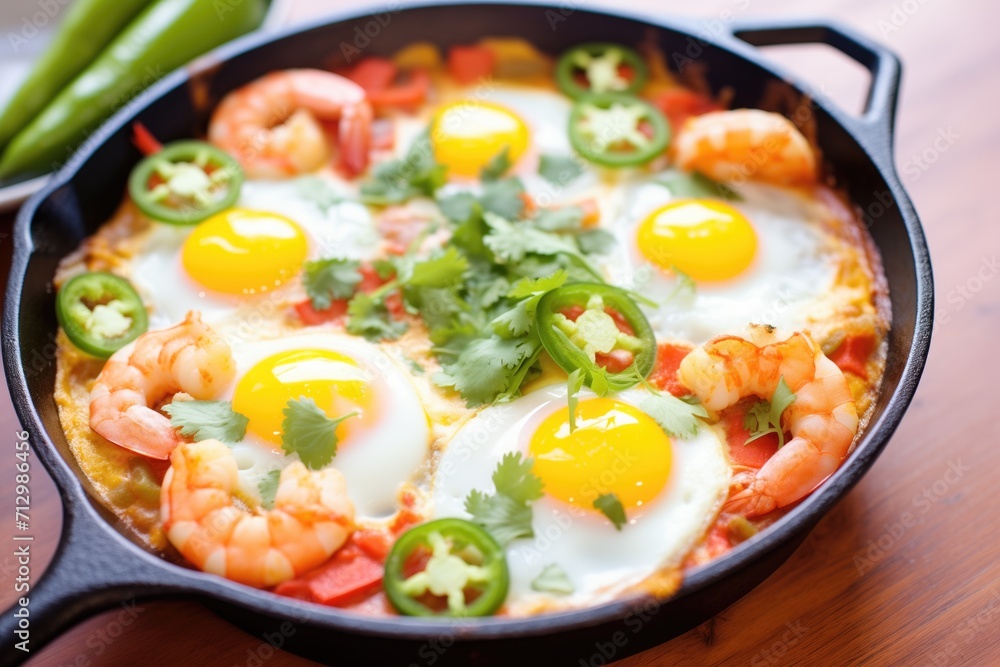 close-up of sizzling huevos divorciados in a cast iron pan, ready to serve close-up of sizzling huevos divorciados in a cast iron pan, ready to serve