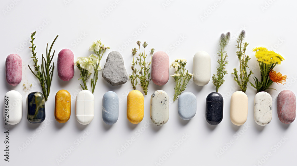 An arrangement of various pills and capsules alongside natural plants, depicting a concept of blending medicine with natural remedies. - obrazy, fototapety, plakaty 