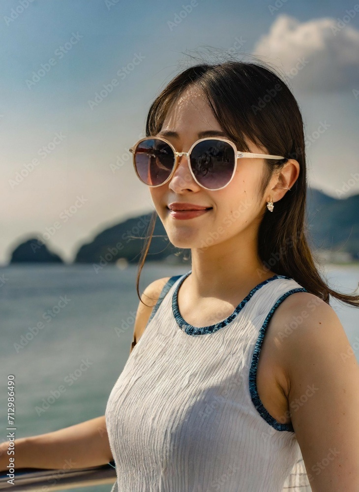 海でサングラスをかけた女性 海でサングラスをかけた女性