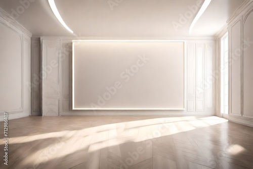 The dance of simplicity and sophistication, an empty room features a blank white frame on a clear solid color wall, with a pendant light casting a subtle and enchanting glow.