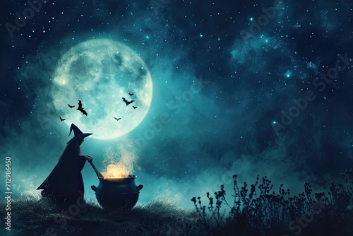 A witch stirring a cauldron with a full moon and bats in the night sky Halloween witch with potion and cauldron photo