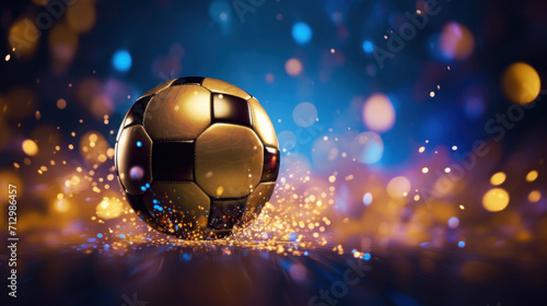 A golden soccer ball with sparkling light effects  suggesting movement and excitement in the game.