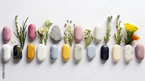 An arrangement of various pills and capsules alongside natural plants, depicting a concept of blending medicine with natural remedies.