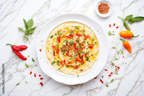 hummus with red pepper flakes, veggies on a marble countertop